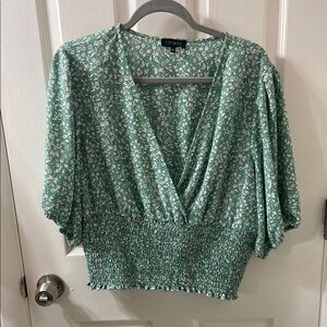 1. State Green Smocked Wrap Blouse